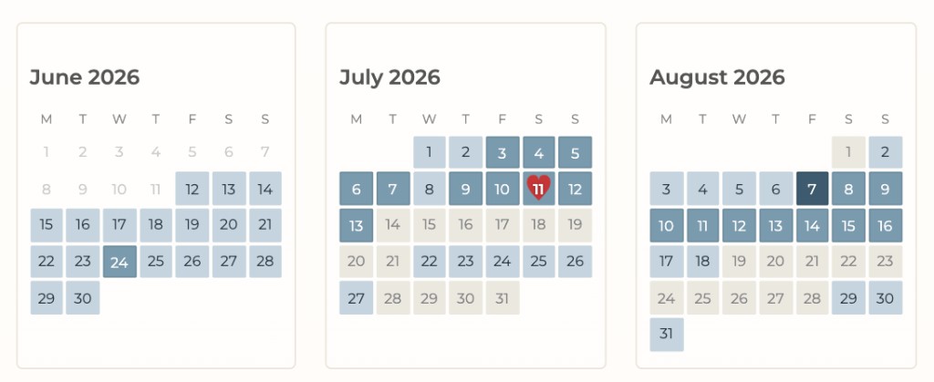 Sample 90-day forecast calendar with Peak, Active, Possible, and Quiet romantic tiers